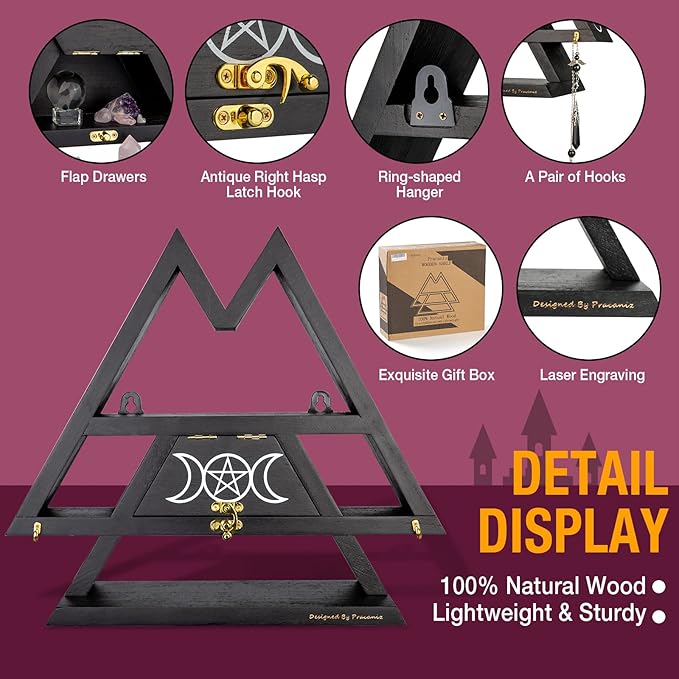 Pracaniz Crystal Shelf with Flap Drawer&Hooks for Wall&Desktop, Moon Holder as Witchy Room Decor,Moon Phase Triangle Shelf,Witchy Decor&Moon Decor Bedroom.