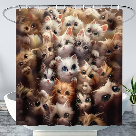 AILONEN Kawaii Cat Shower Curtain for Kids Boys,Lovely Hairy Cat Fabric Shower Curtains for Bathroom,Cute Animal Kittens Polyester Cloth Bath Curtain Set, 72" W*78" H