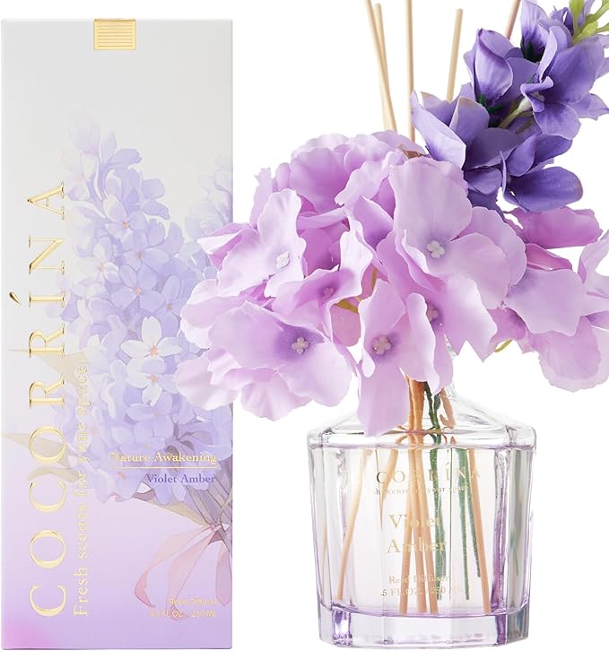 COCORRÍNA Reed Diffuser - Violet Amber 8.5oz Flower Reed Diffuser Set with 8 Sticks, Home Fragrance Reed Diffuser for Home Bedroom Office Bathroom Shelf Decor (Master Collection)