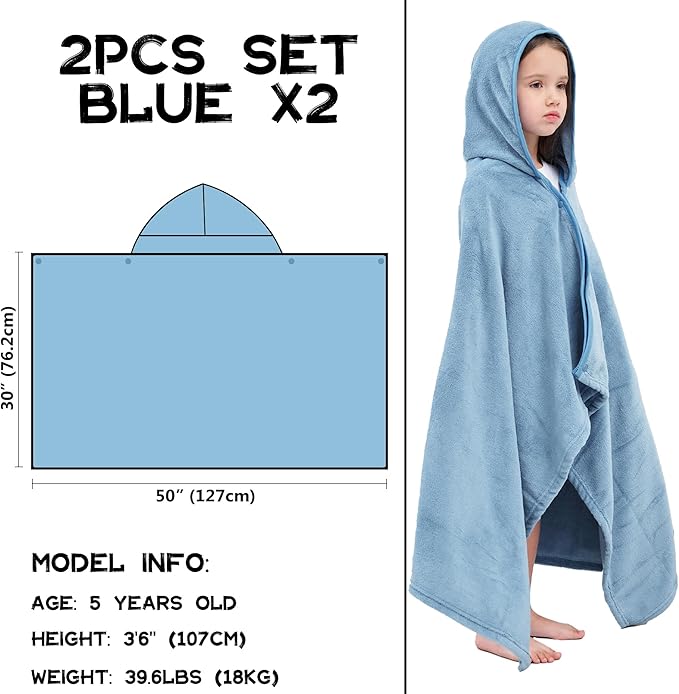 Hiturbo 2Pcs Kids Fleece Hooded Towel: Soft Plush Warm Blanket - 50"x30" Pool Beach Bath Swim Towel Wrap for 3-12 Yrs (Blue)