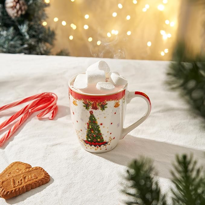 Winter Tree & Stars Festive Mug - Ceramic Microwave & Dishwasher Safe - 10.5oz Winter Mugs for Coffee, Hot Chocolate, Eggnog - Cozy Winter - Red & Green Great Gift!