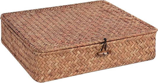 Flat Wicker Shelf Baskets with Lid, Handwoven Seagrass Basket Boxes for Storage Baskets Bins Home Decor Organizer (Coffee Small)