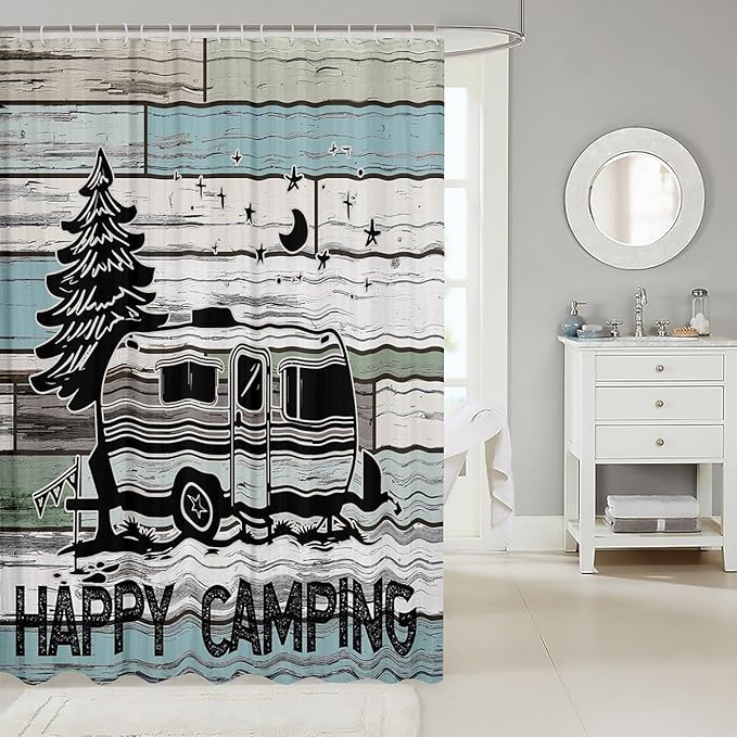 Feelyou Happy Camping Fabric Shower Curtain Shower Curtain Camper for Kids Boys Girls Rv Camping Bathroom Waterproof Accessories with 12 Hooks Rustic Vintage Farmhouse Style Curtains,72x72 Inches