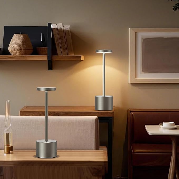 Cordless Table Lamp, Rechargeable LED Battery 6000mAh Metal USB Portable Powered Desk Lamp, 3 Levels Brightness Light for Restaurants Outdoor (11.70in Silver)