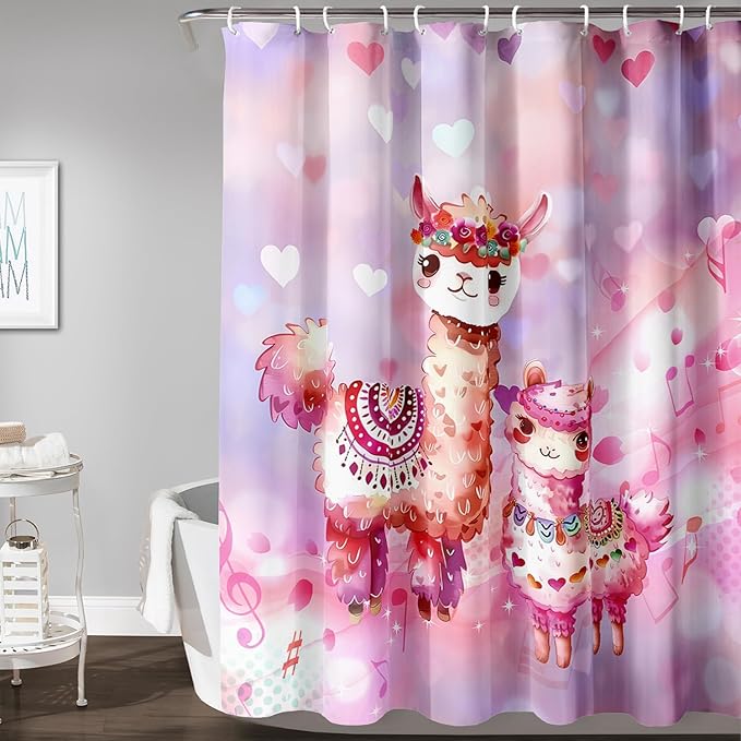 AILONEN Kawaii Llama Shower Curtain for Kids Girls,Watercolor Llama Alpaca Theme Bath Curtain,Boho Llama Hearts Print Pink Shower Curtain Waterproof for Bathroom with 12 Plastic Hooks, 72" W*96" H