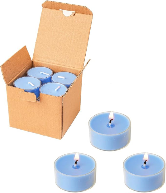 12 Unscented Natural Soy Tealight Candles in Clear Cups, 5H Long Clean Burning, Hand-Poured Blue Mini Tea Candle Set for Parties, Spa, Meditation, Gift, Holiday, Emergency, Home Decor