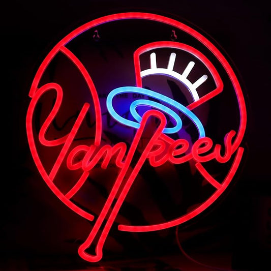 YANKEES Neon Signs for Wall Decor，Baseball Team Neon Lights for Bedroom，LED Signs Suitable for Man Cave，5V Power Adapter，Birthday、Christmas Gifts for Boys 13 * 15Inch(Red+Blue+White)