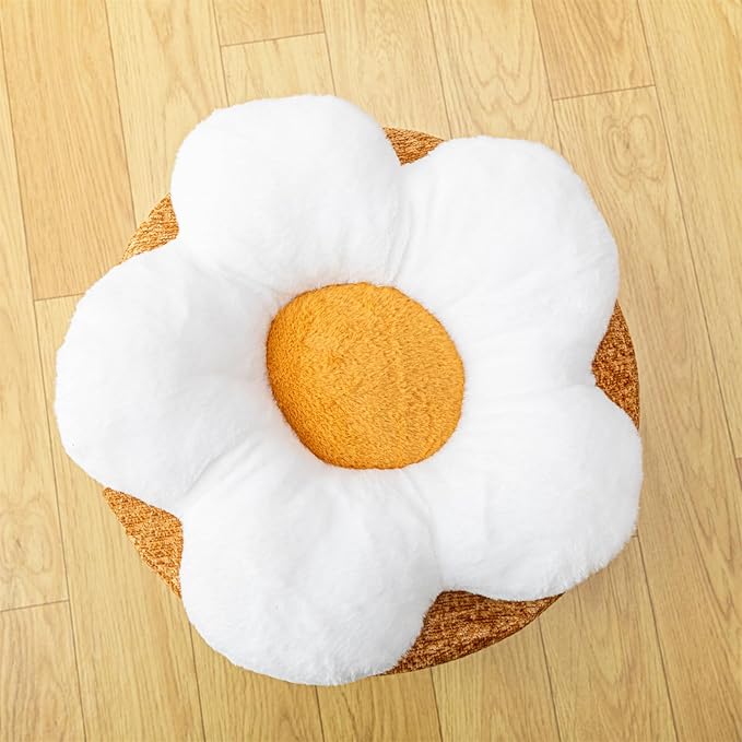 Flower Ottoman 18x15 Inches Charm Floor Pouf for Home Decor All-in-One Foam Filling Ottoman Foot Rest for Couch Fluffy Floral Pouf for Living Room Bedroom Kids Room Light Coffee and White