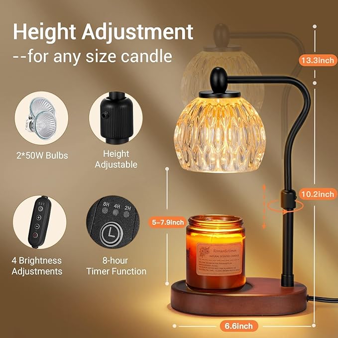 [Set of 2] Candle Warmer Lamp，Candle Warmer with Timer & Dimmer Candle Warmer Height Adjustable for All Size Scented Candles, [GOLD+BLACK]Candle Warmer with 2 * 50W Bulbs for Mothers Day Gifts