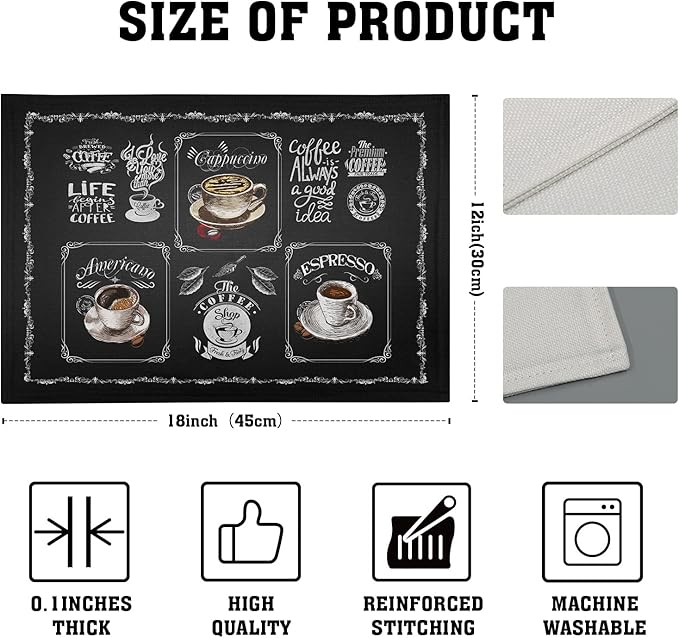 Giwawa Coffee Placemts Set of 4, 12"x18" Black Cafe Life Themed Coffee Beans Maker Espresso Cup Print, Washable Heat-Resistant Linen Placemats for Dining Table Party