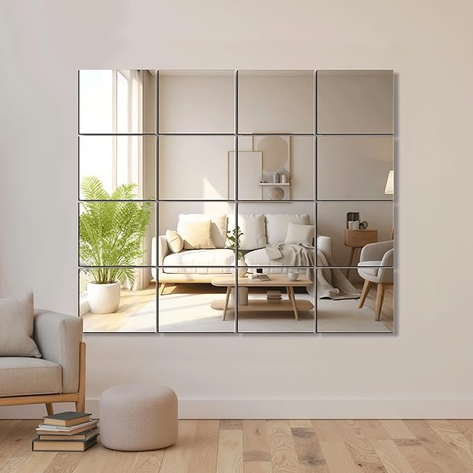 Delma Frameless Mirror Tiles 12"x10"x16 Pcs Wall Mounted, Shatter Resistant Full Length Tempered Glass Panels for Home Gym Bathroom Bedroom & Living Room Decor