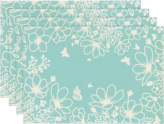 Artoid Mode Blue Bloom Flowers Summer Placemats Set of 4, 12x18 Inch Seasonal Spring Table Mats for Party Kitchen Dining Decoration