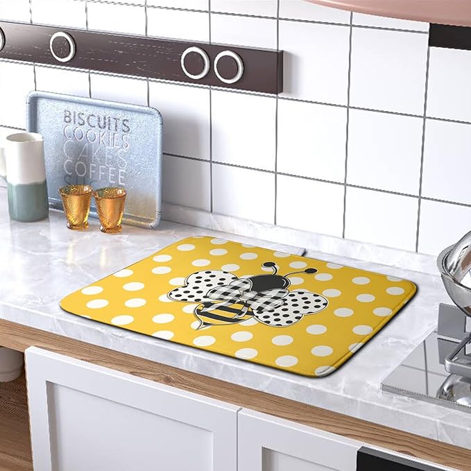 Bee Dish Drying Mat for Kitchen Counter 16x18 Inch Yellow Honey Bees Polka Dots Dishes Pad Cute Bumblebee Dish Draining Microfiber Absorbent Dish Drainer Rack Mat Medium Kitchen Accessories