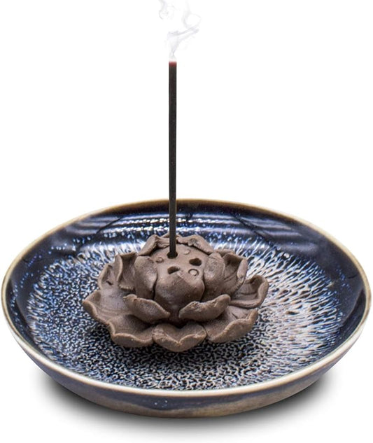 TRENDBOX Ceramic Handmade Artistic Incense Holder Burner Stick Coil Lotus Ash Catcher Buddhist Water Lily Plate - Three Holes Transmutation Glaze