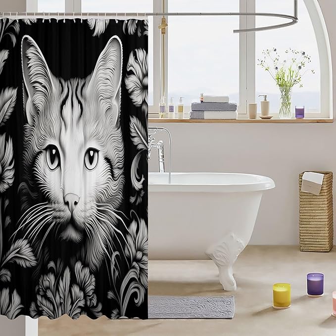Feelyou Cute Cat Shower Curtain Kids Black White Cat Fabric Shower Curtain 3D Print Bathroom Waterproof Accessories with 12 Hooks for Women Men Flower Pattern Curtains,72x78 Inches