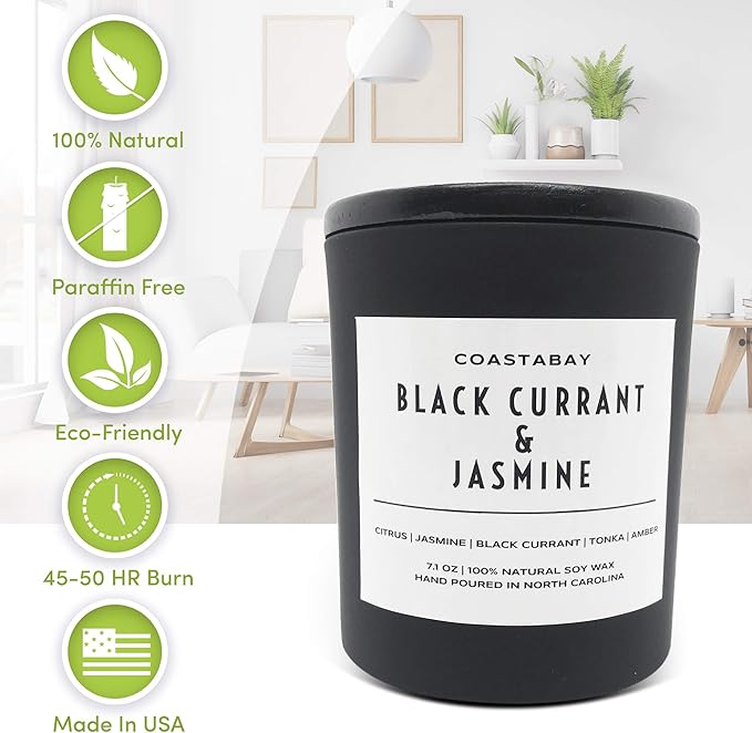 Black Currant & Jasmine Candle | Natural Soy Candles, Highly Scented, Long Lasting, Up to 45 Hour Non-Toxic Burn, Aromatherapy, Minimalistic & Modern Design, Hand Poured in The USA – 7.1oz