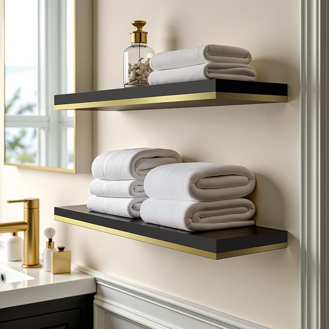Gronda Floating Shelves for Wall, 23.6 Inch Black Floating Shelves Modern Home Decor Hanging Storage Organizer with Invisible Bracket Wall Mount for Bedroom Living Room Bathroom Kitchen, Set of 2