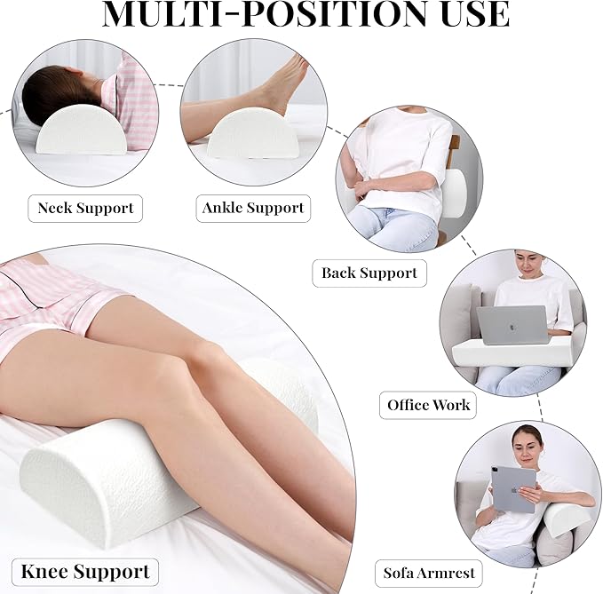 Knee Pillow for Side Sleepers Memory Foam Leg Pillows for Sleeping Yoga Bed Half Moon Bolster Pillow for Neck Pain Relief with Pillowcase 20.5x8x4.5 Inches(Air Layer White, Standard Size)