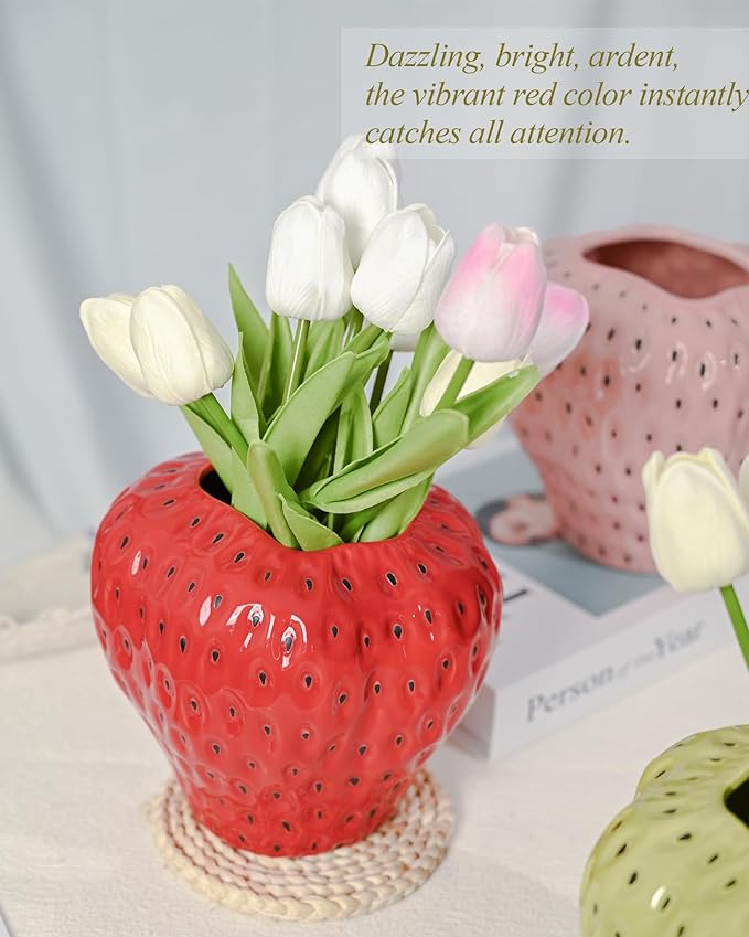 DN DECONATION Red Strawberry Vase, Strawberry Ceramic Flower Vases for Colorful Girly Home Decor, Decorative Cute Vase for Strawberry Party Decorations