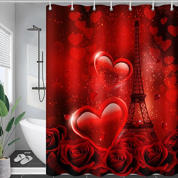 AILONEN Red Rose Shower Curtain for Bathroom, Romantic Eiffel Tower Love Hearts Printed Bathroom Curtain,72" W*78" H Polyester Waterproof Bath Curtain with 12 Hooks