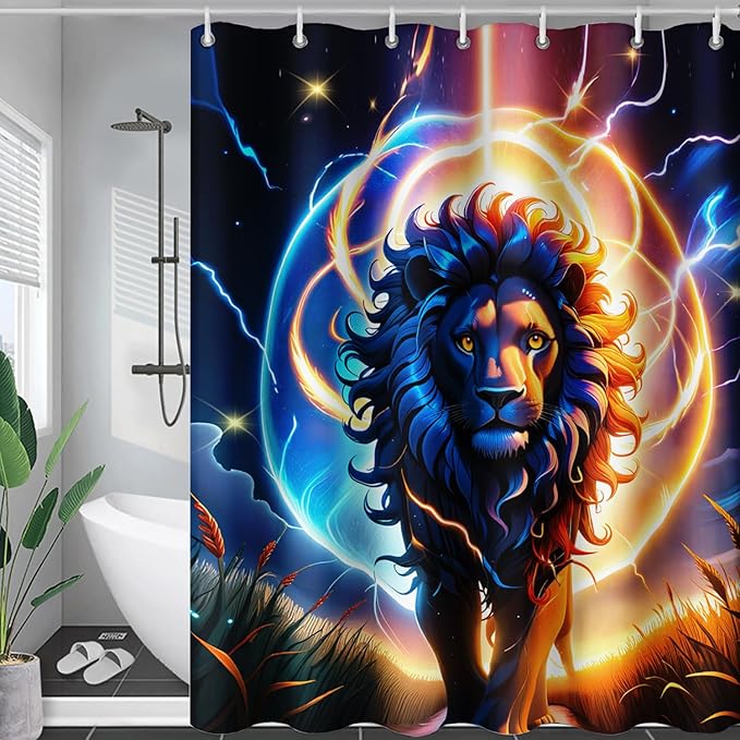 AILONEN 3D Lion Shower Curtain for Bathroom,Gold Halo Lightning Lion Printed Bath Curtain,Boys Teen Kids Running Lion Decoration Shower Curtain Waterproof 72" W*96" H