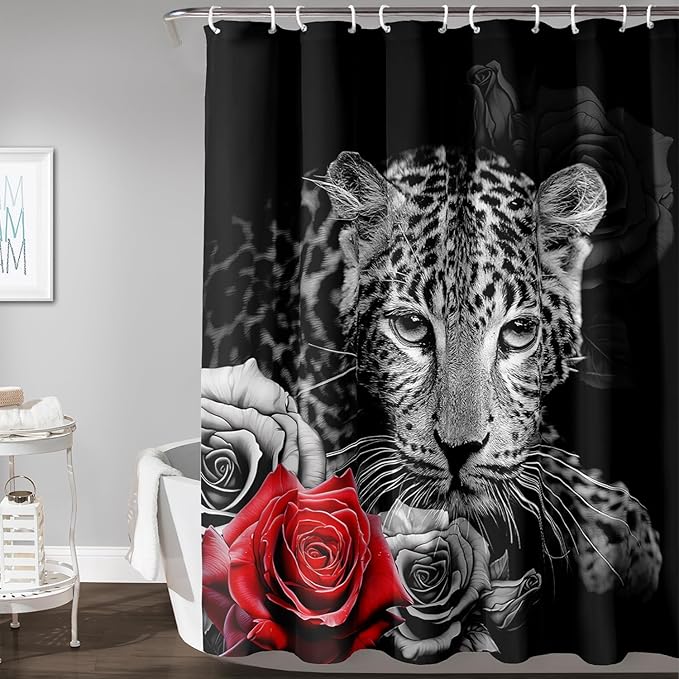 AILONEN Grey Leopard Shower Curtains for Women,Rose Leopard Bath Curtains Gifts for Lover,Polyester Waterproof for Bathroom with 12 Plastic Hooks 72" W*78" H Grey