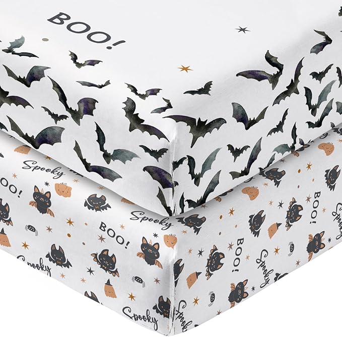 Horaldaily 2 Pack Fitted Crib Sheet for Boys Girls,Soft Breathable Washable Jersey Microfiber Baby Crib Sheet, Fits Standard Size Crib Mattress 28in x 52in, Bats Pumpkin Nursery Sheet Sage Black/White