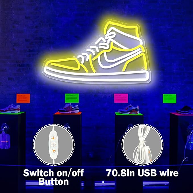 Sneaker Neon Sign Sports Shoe Neon Signs for Wall Dimmable LED Boys Neon Lights for Bedroom Man Cave Home Party Pub Neon Bar Sign Shoes Light up Signs Wall Decor (Yellow)