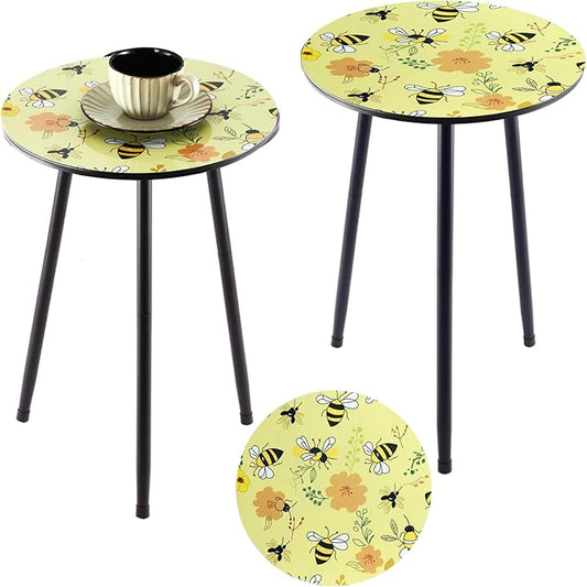 2 Packs Metal Mosaic Round Side Table 13.2" Small Outdoor Patio Round Accent Coffee Tables Indoor Corner Stand for Small Spaces Weather-Resistant for Balcony Plant Stand, Yellow Bee