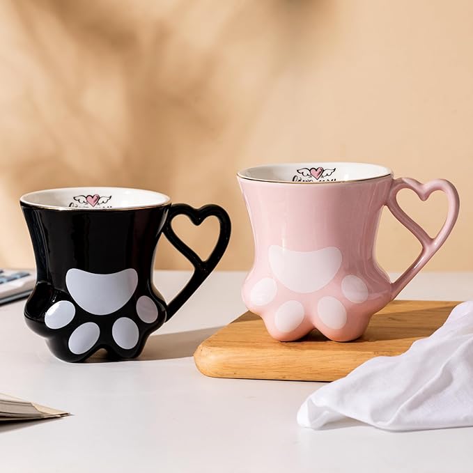Cat Paw Coffee Mug - Pink and Black Set of 2, Perfect for Cat Lovers, Enjoy Your Coffee with These Cute Cat Paw Mugs, 10oz, Couple&Wedding, Best Festival Gifts(Black&Pink)