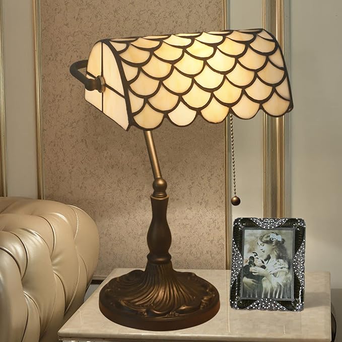Tiffany Style Bankers Table Lamp Stained Glass Piano Desk Lamp Vintage Bedroom Bedside Lamp for Study,Antique Alloy Base,Zipper Switch,Green d
