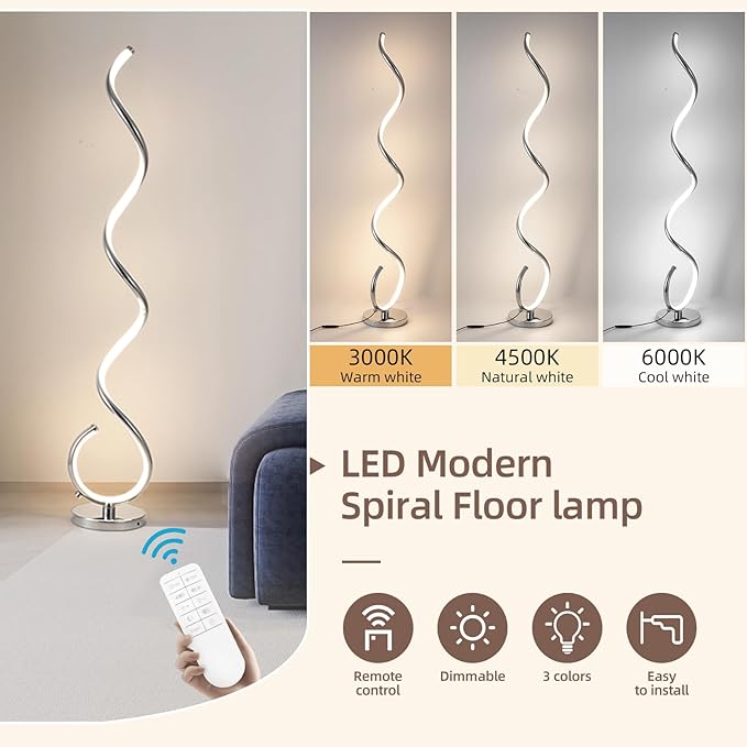 Spiral LED Floor Lamp for Living Room,40W Modern Floor Lamps with Remote Control, 3 Colors Stepless Dimmable Floor Standing Lamp Reading Corner Floor Tall Lamp for Bedroom Office - Chrome