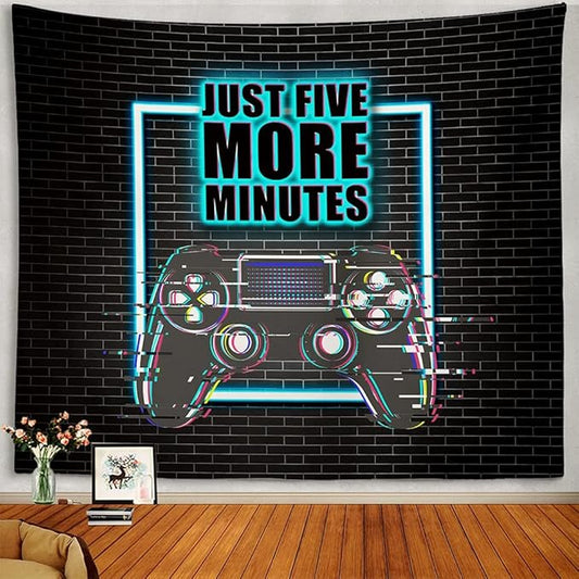 Gaming Tapestry Gaming Room Decor Wall Hanging JUST FIVE MORE MINUTES Cool Neon Blacklight Tapestries Conceptual Abstraction Modern Controller for Men Adults Teen Boys Bedroom Accessories 80x60 Inches