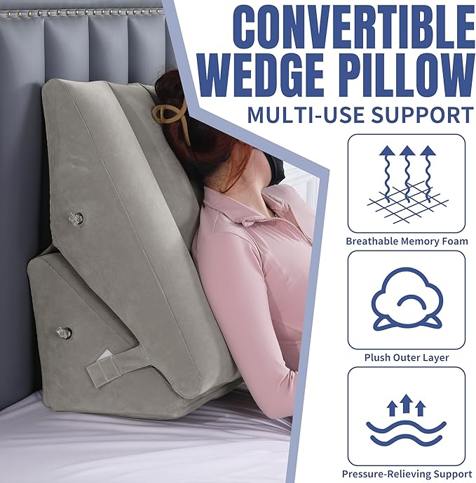 HOMBYS Adjustable Inflatable Bed Wedge Pillow for Sleeping, 7 in 1 Multi Use Back Pillow for Bed Sitting Up, 10 inch Elevated Support Pillow for Legs & Back, Portable for Travel Use-30"x22"x10", Grey