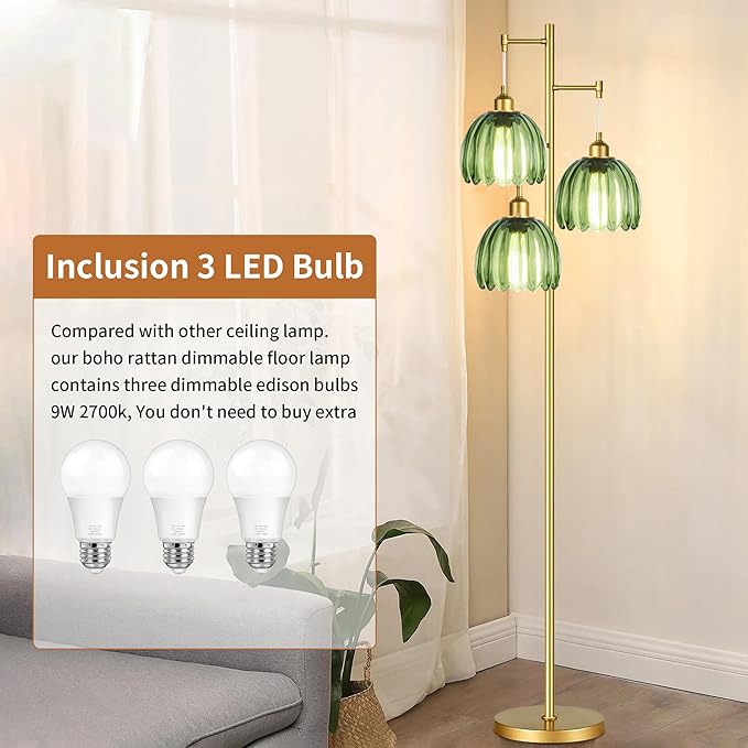 Gold Floor Lamp for Living Room Bedroom,Modern Tree Floor Lamps with Green Glass Shades,68IN Tall Standing Lamp with Bulbs,3 Lights Mid Century Vintage Floor Lamp for Corner Office Reading