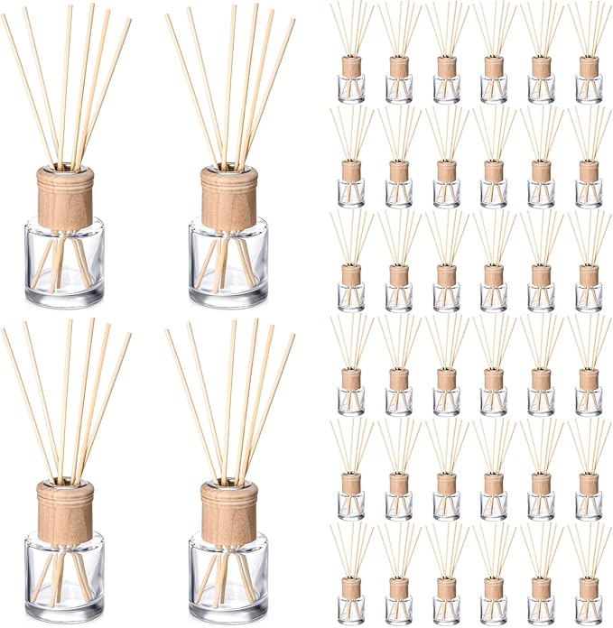 Roshtia 40 Set Reed Diffuser Bottle Empty Refillable Fragrance Glass Diffuser Bottles Set with Wooden Caps Rattan Sticks 50ml 1.7 oz Round Glass Jars for DIY Fragrance