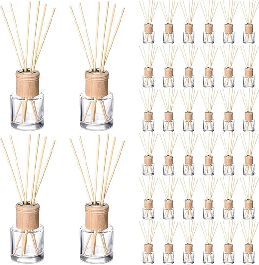 Roshtia 40 Set Reed Diffuser Bottle Empty Refillable Fragrance Glass Diffuser Bottles Set with Wooden Caps Rattan Sticks 50ml 1.7 oz Round Glass Jars for DIY Fragrance
