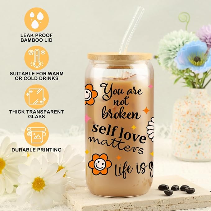 Self Love Matters, Mental Health Sublimation Glass Tumbler, 16oz Glass Can Cup with Positive Quotes and Smiley Flowers, Gift for Her Best Friend Tumbler, Self Care Gift, Lid and Straw