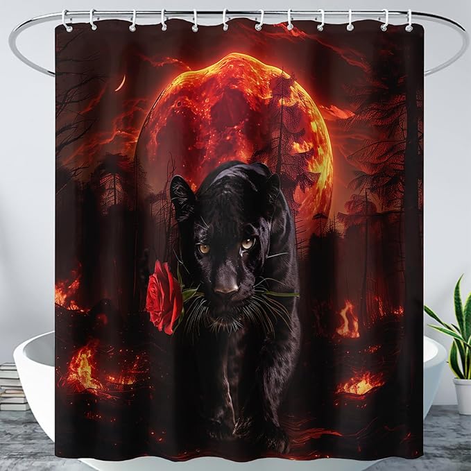 AILONEN Black Panther Shower Curtain,Evening Moon Flame Leopard Bath Curtain for Kids Men,Wildlife Animal Polyester Waterproof with 12 Plastic Hooks 60" W*72" H