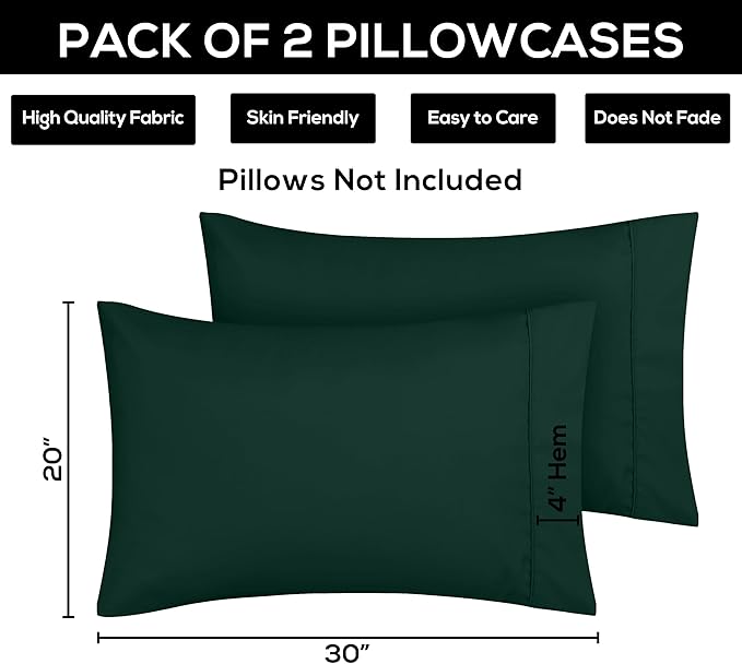 Utopia Bedding Standard Pillow Cases - 2 Pack - Envelope Closure - Soft Brushed Microfiber Fabric - Shrinkage and Fade Resistant Pillow Covers 20 X 26 Inches (Standard, Emerald)