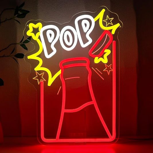 Pop Neon Sign for Wall Decor, Drink Led Signs for Bar, USB Dimmable Pop Champagne Neon Lights for Beer Bar Hotel Cafe Nightclub Restaurant Man Cave Home Bedroom Party Decoration