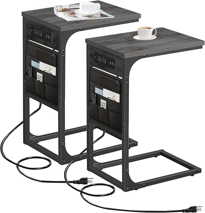 TUTOTAK C Shaped End Table with Charging Station, Side Table for Sofa, Couch Table with Storage Bag, Set of 2, TV Tray Table with 2 USB Ports and Outlets for Living Room, Bedroom, TB01BY0242