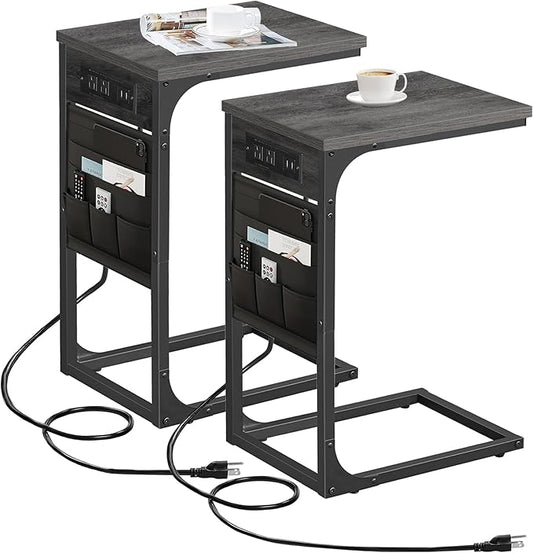 TUTOTAK C Shaped End Table with Charging Station, Side Table for Sofa, Couch Table with Storage Bag, Set of 2, TV Tray Table with 2 USB Ports and Outlets for Living Room, Bedroom, TB01BY0242