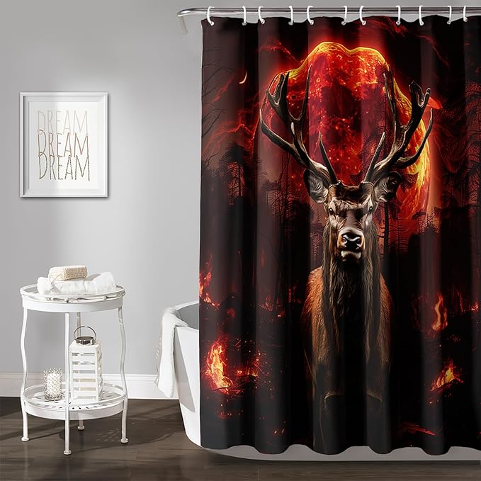 AILONEN Deer Hunting Shower Curtain for Boys,Moon Flame Fire Elk Bath Curtain for Bathroom,Print Polyester Waterproof with 12 Plastic Hooks 72" W*84" H