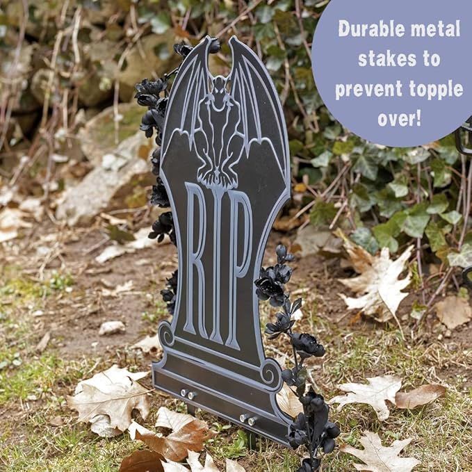 3-D Metal Halloween Ghost Cemetery XL 17" Tombstone w Stakes -RIP- Durable, Rustproof, UV Raised Printing-Upgrade Your Haunted House Mansion w Cemetary Lawn Decor-No More Flimsy Foam Graveyards