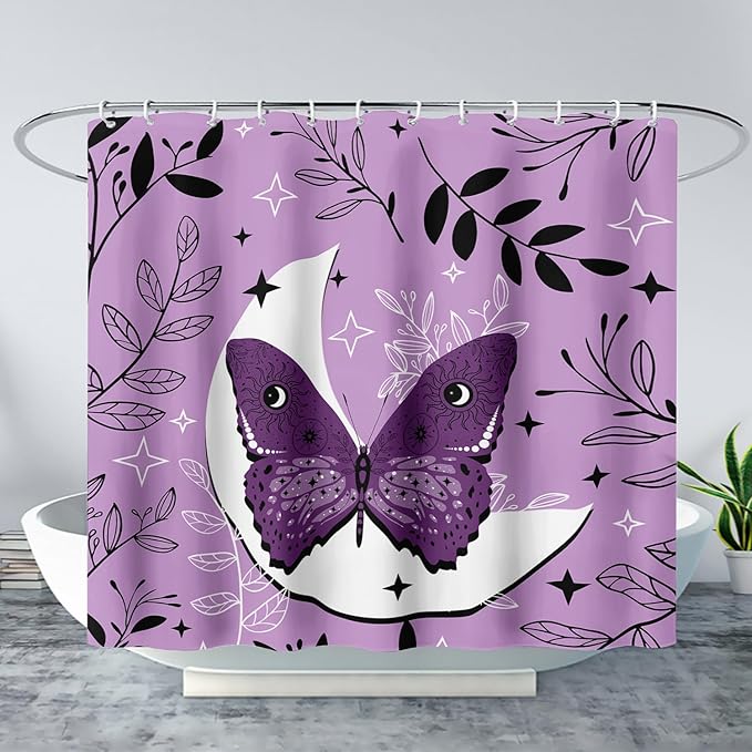 AILONEN Butterfly Shower Curtain for Bathroom Sun and Moon Purple Boho Bath Curtain 72" W*72" H Polyester Fabric Waterproof Bathroom Curtain with 12 Hooks