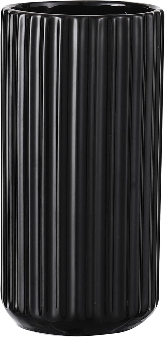 Black Ceramic Vase for Flowers, Modern Black Vase for Home Decor, Tall Ribbed Vase for Living Room, Office, Mantel, Bookshelf, Dining Table, 8 inches