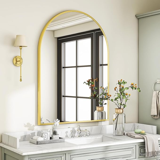 Arched Wall Mirror, 30 x 38 inch Arch Bathroom Mirror, Wall Mounted Vanity Mirror with Arch Metal Frame, Modern Bathroom Vanity Mirror for Bedroom, Living Room, Hanging or Leaning, Gold