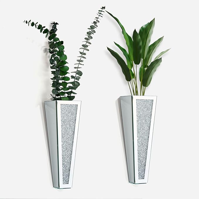 Crystal Wall Vase Hanging Flower-vase - Silver Crushed Diamond Mirrored Container Flower Vase Home Decor for Living Room, Dining Room, Bedroom, Set of 2 （11.2 Inch High） Wittolins