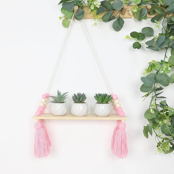 Rope Hanging Floating Shelves Wood Beads Wall Shelf Boho Storage Rack Decorative Display Ledge Shelf for Living Room Room Bedroom Bathroom Kitchen Pink